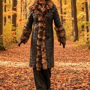 Luxury Genuine Leather 3/4 Coat w/ Real Fur Trim & Sleeves – Size M